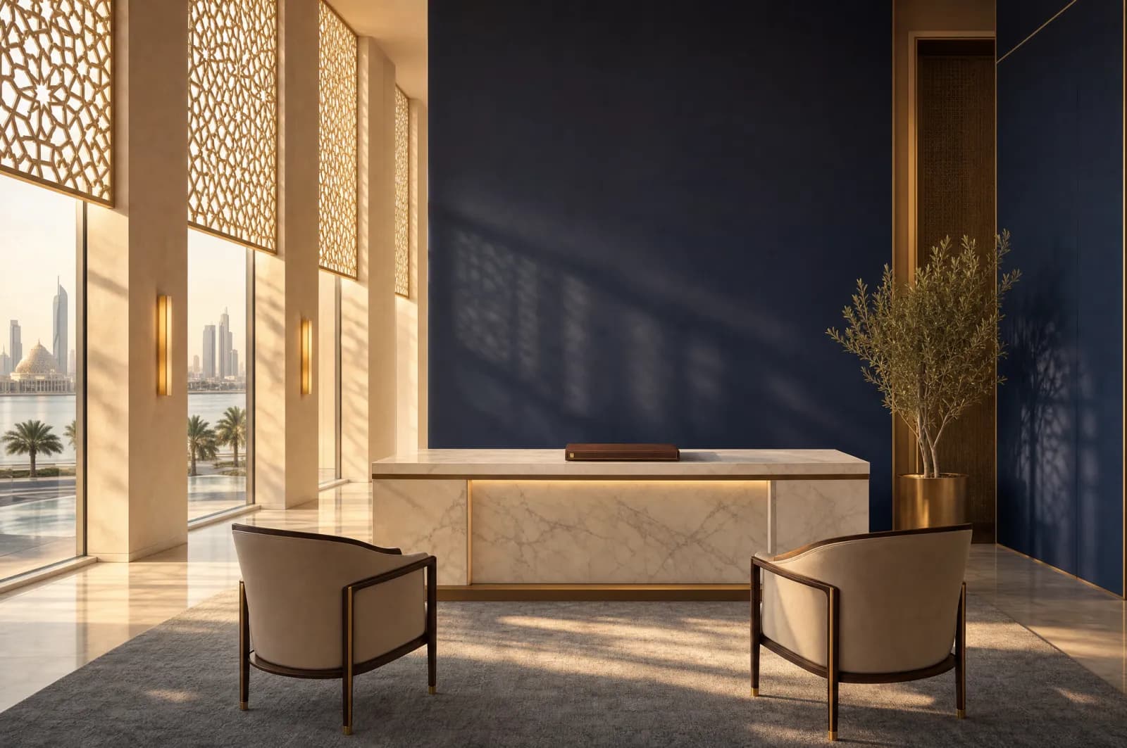 Modern Abu Dhabi courthouse interior with an empty marriage registrar desk and two chairs lit by warm light through geometric windows