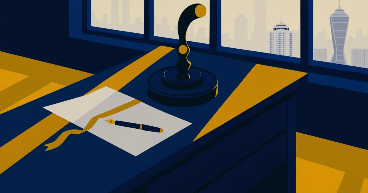 Notary seal press and ribboned legal document on a desk overlooking the Abu Dhabi skyline