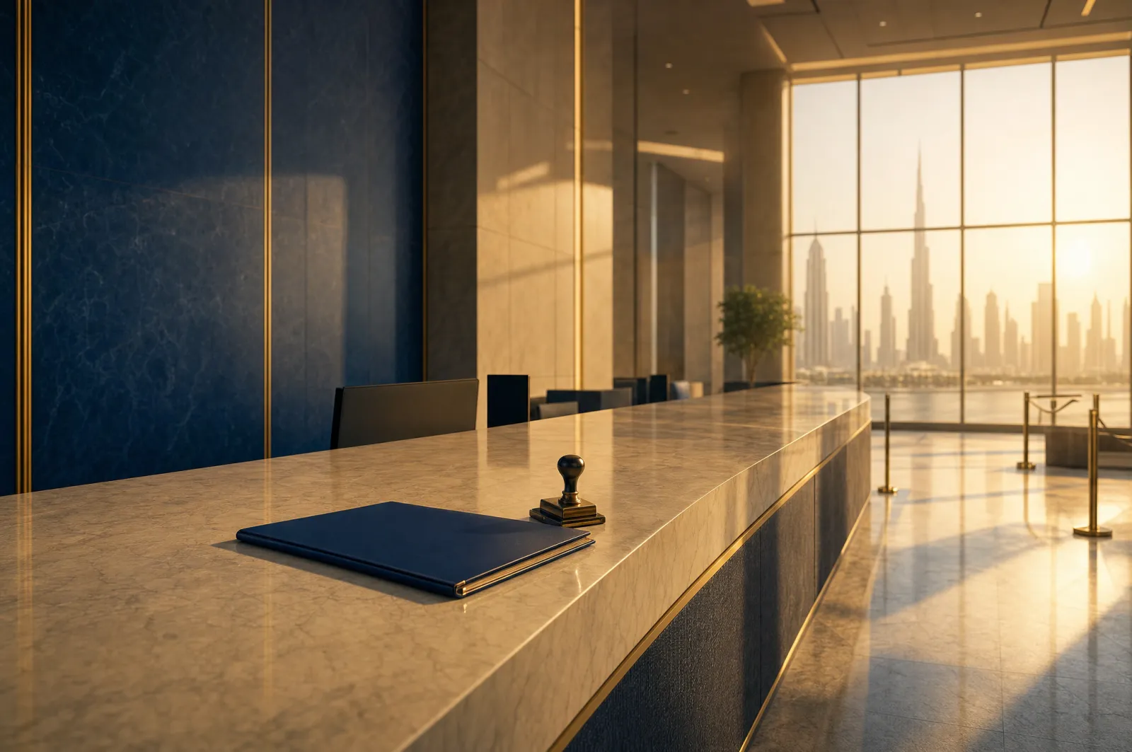 Empty modern government service counter in warm golden light with a document folder awaiting a trade licence amendment