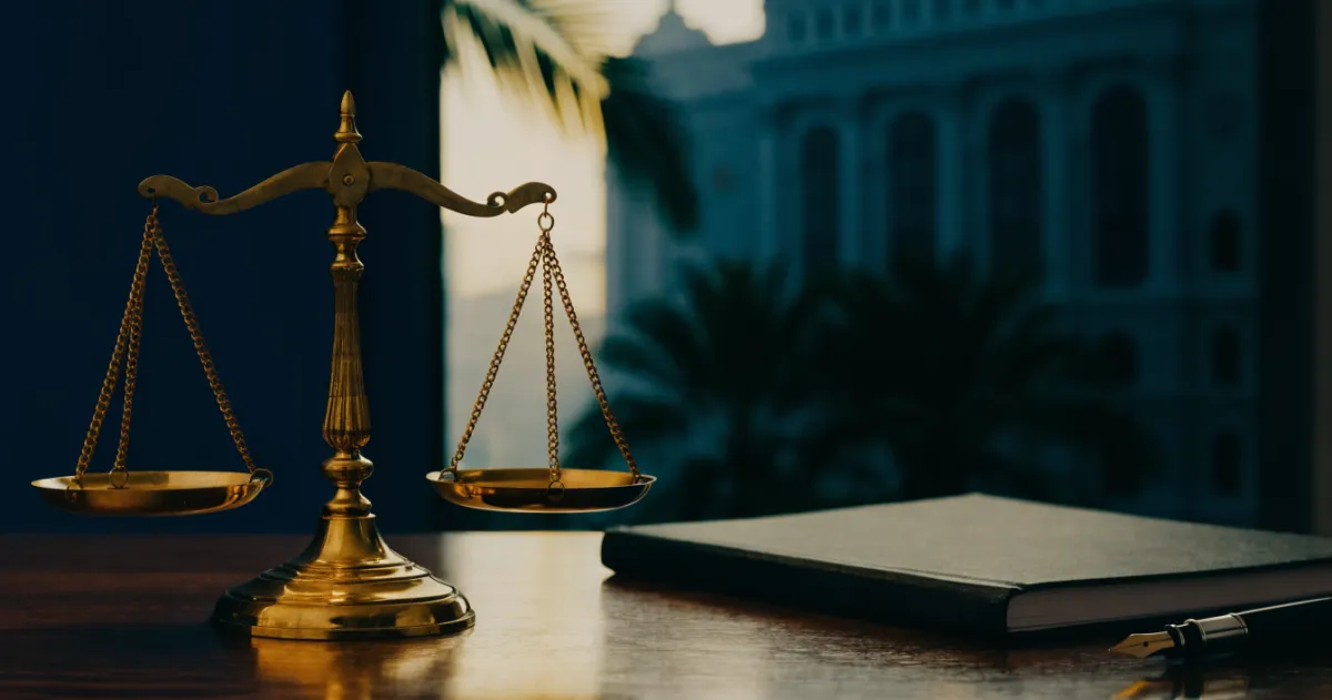 Scale of justice beside an employment contract on a desk, symbolising unlawful dismissal compensation before UAE labour courts
