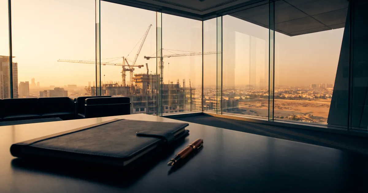 Tower cranes over a Dubai construction site at golden hour seen through the glass wall of a quiet bank meeting room