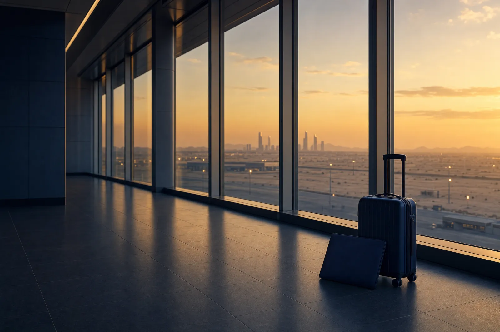 Small suitcase and unmarked navy document sleeve beside airport windows at dusk symbolising employment visa cancellation and departure from the UAE
