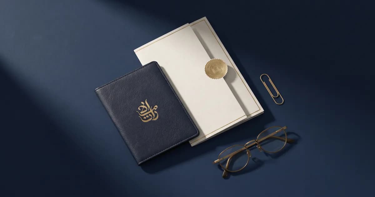 Overhead view of a passport and a sealed licence document on a deep navy desk representing UAE partner visa cancellation paperwork