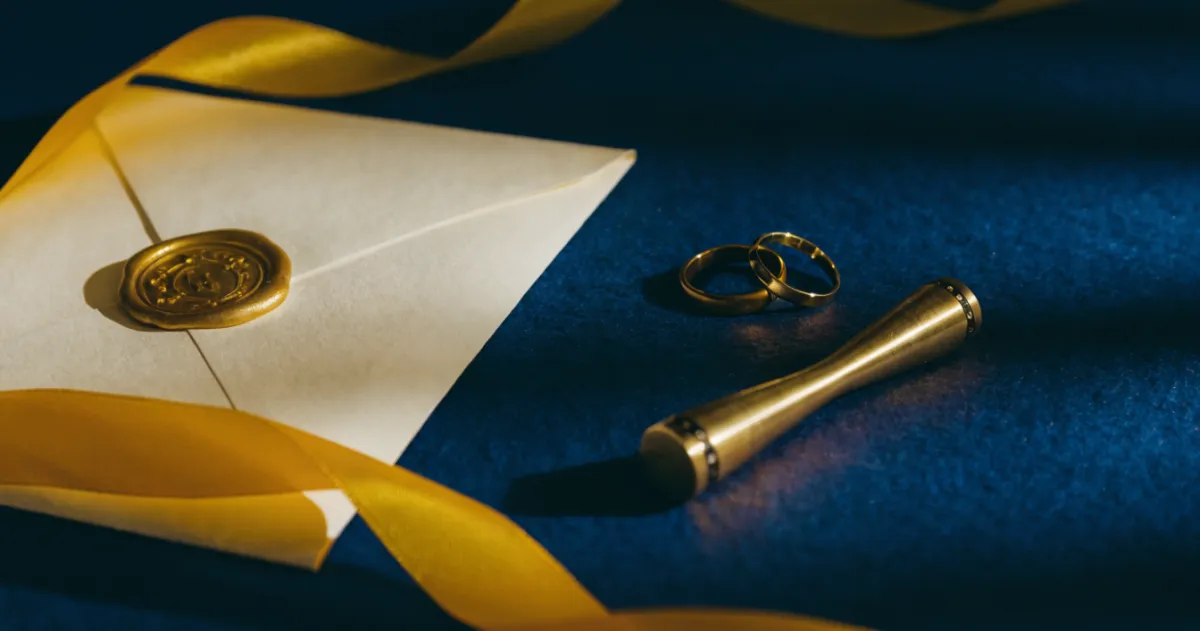 Sealed official certificate with gold seal and wedding rings symbolising CENOMAR attestation for marriage in the UAE