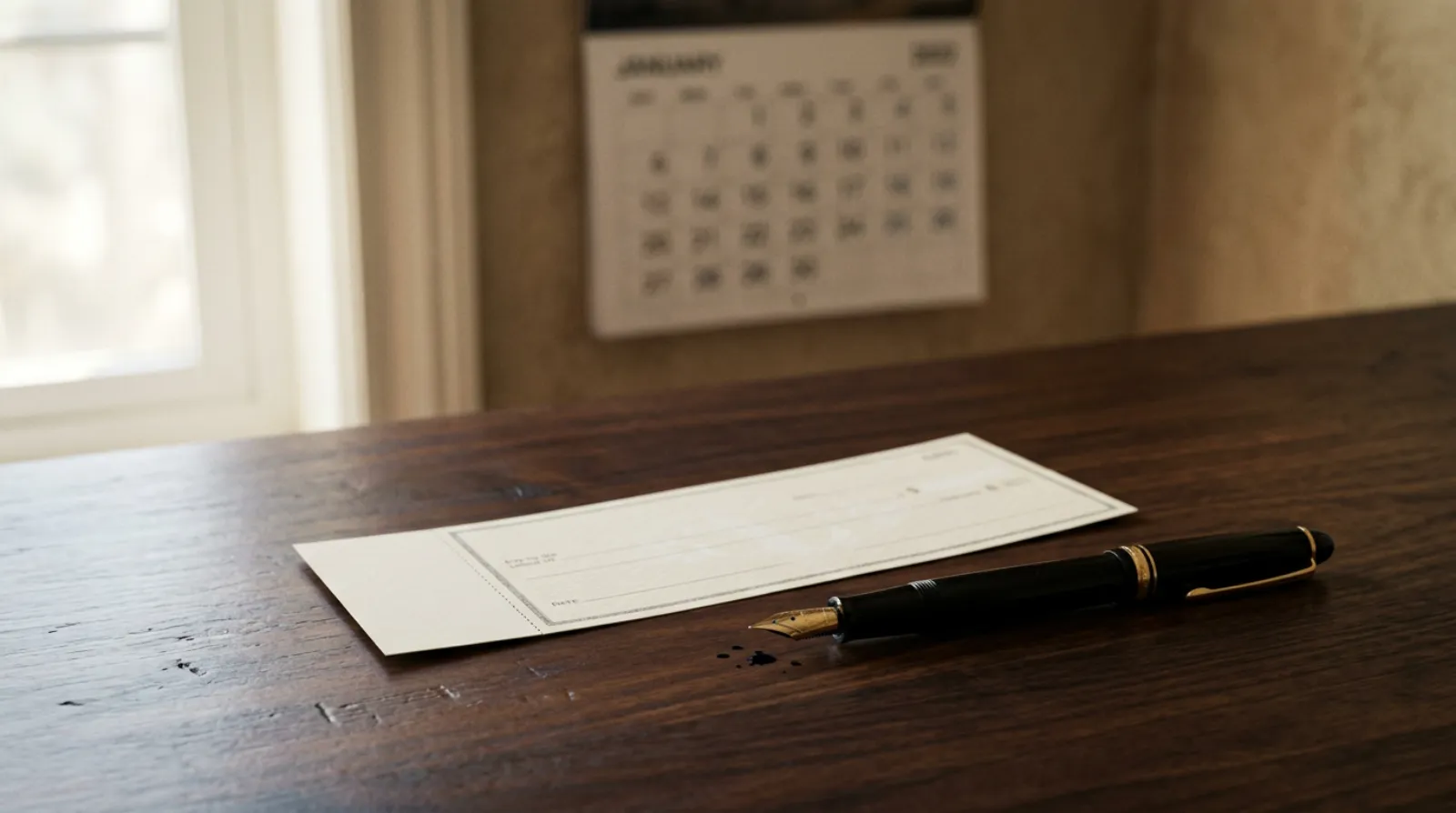 A blank paper cheque and a fountain pen resting on a wooden desk beside a wall calendar suggesting the passing of time