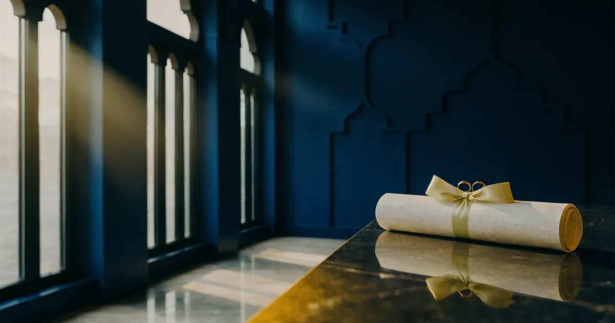 Golden wedding rings on an official marriage certificate inside a modern UAE court ceremony hall