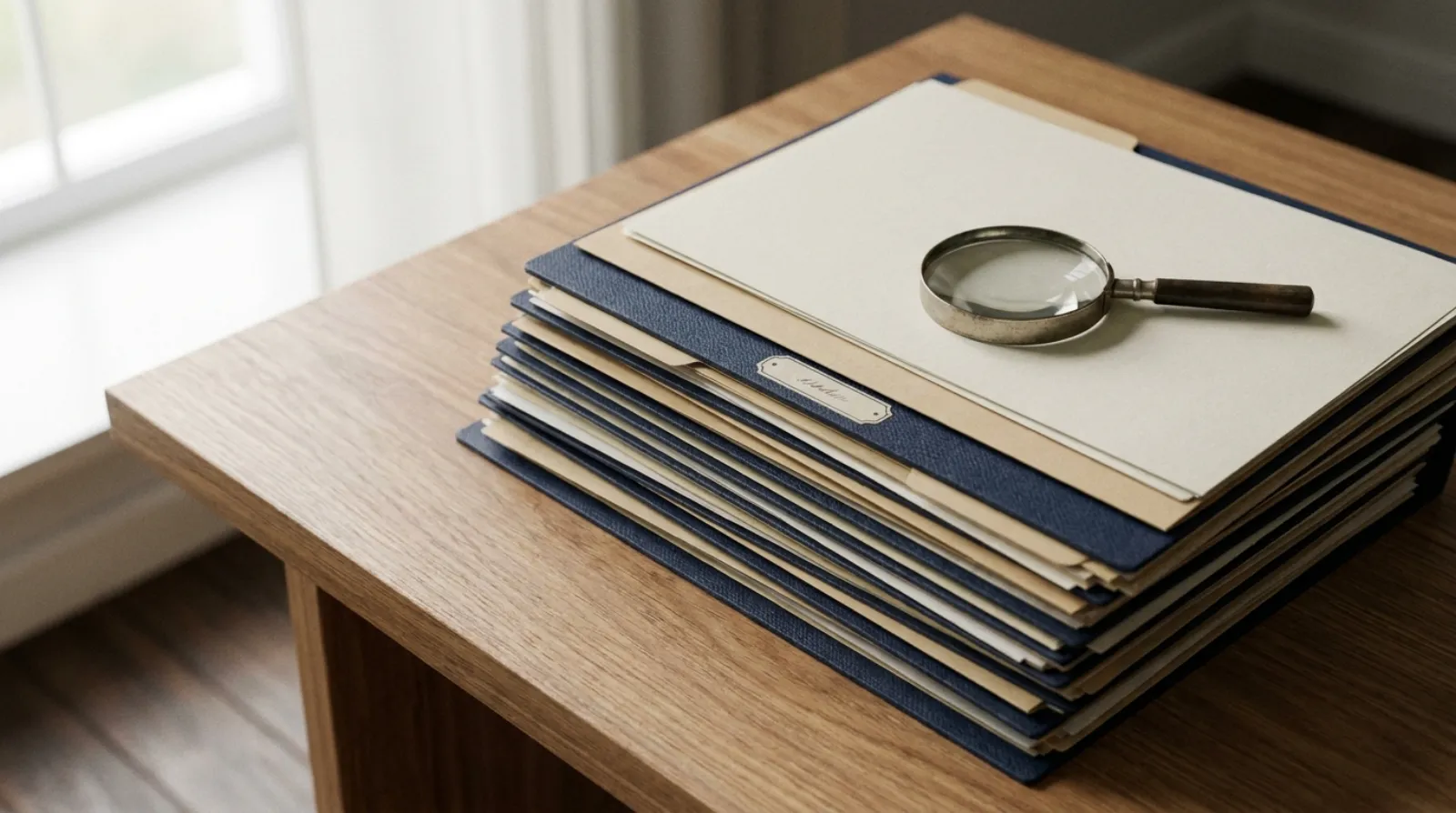 A neatly stacked set of insurance documents and a folder on a desk with a magnifying glass, evoking continuous coverage records