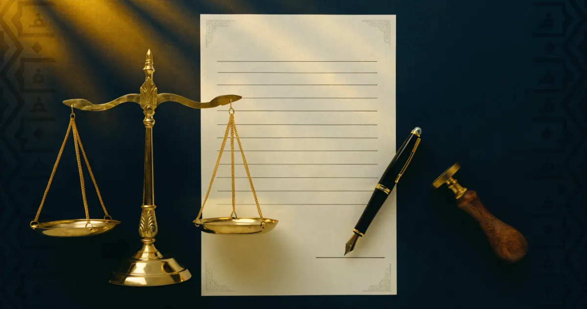 Bilingual contract document with pen and embossing seal on a deep blue desk representing UAE contract law