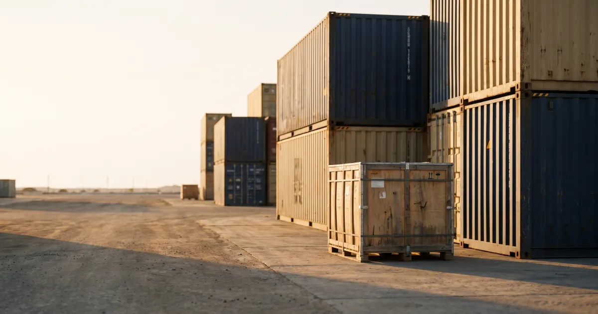 Stacked shipping containers and a closed crate of machinery parts on an empty loading dock at a UAE port at golden hour