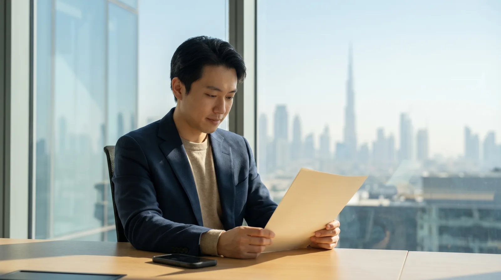 A person calmly reviewing a document at a desk with a phone face-down and the Dubai skyline blurred behind, illustrating dealing with debt collectors in the UAE.