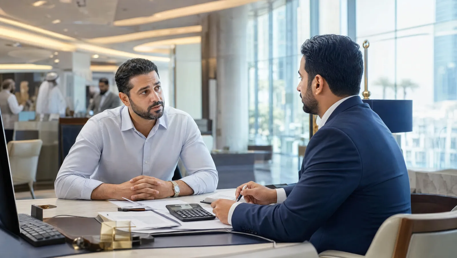 A customer reviewing loan paperwork with a bank relationship manager at a branch desk in the UAE