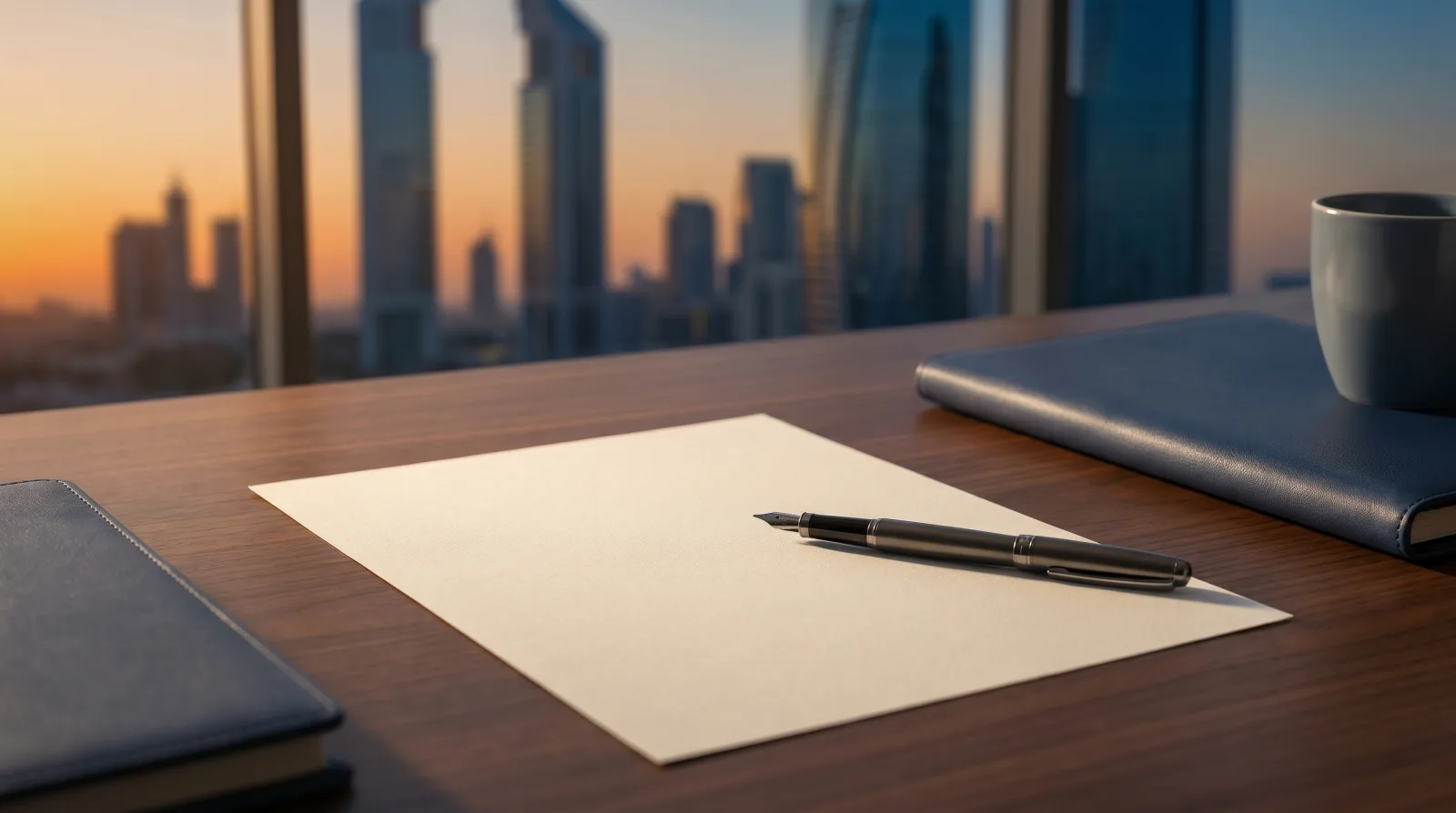 A sheet of financial paperwork and a fountain pen on a dark wooden desk, with a blurred Dubai skyline at golden hour in the background.