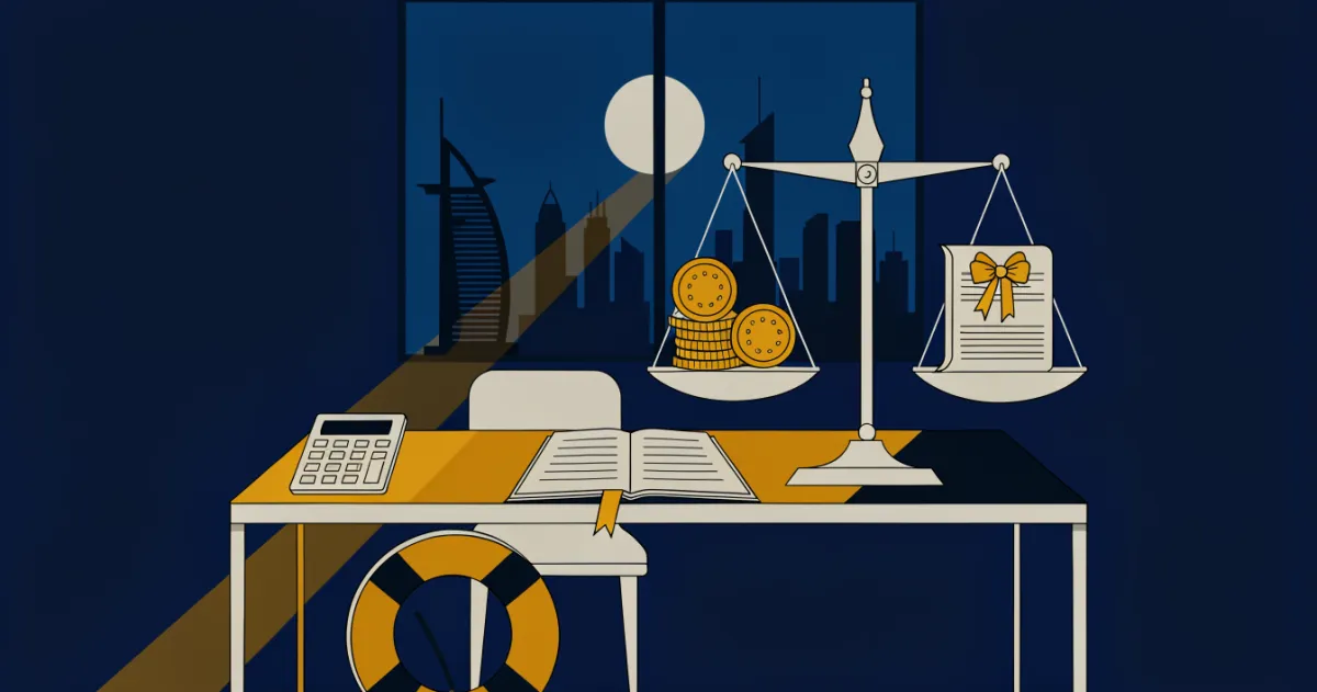 Balance scale weighing coins against a folded loan agreement on a desk overlooking the Dubai skyline