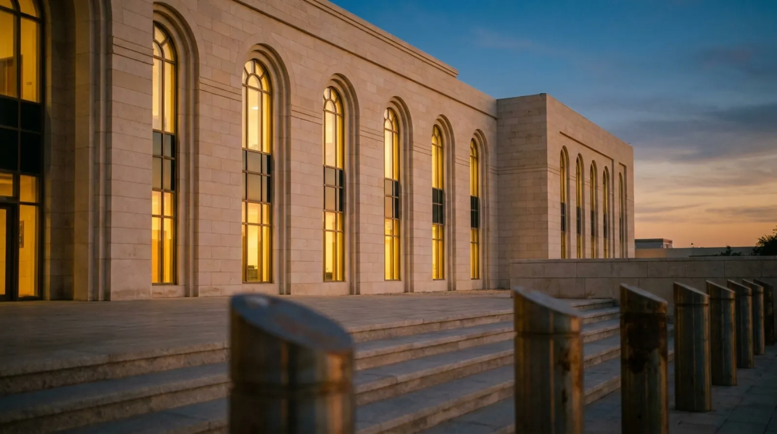 Exterior of a modern UAE courthouse building with stone steps and security bollards under a clear sky