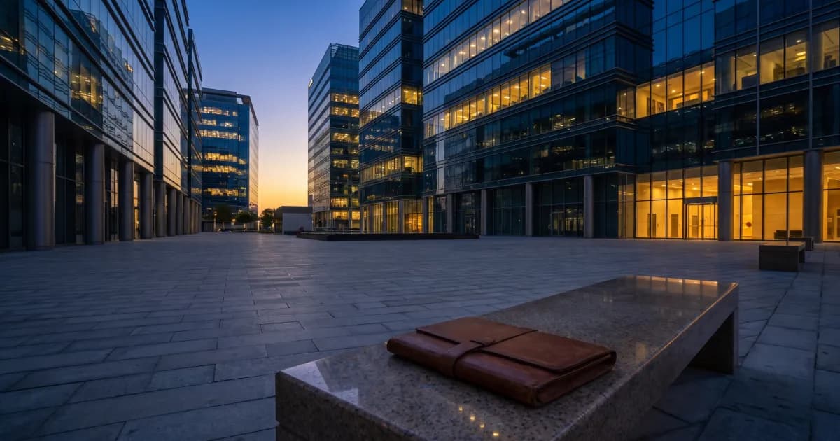 Empty stone courtyard in a Dubai financial district at dusk with lit office towers and a leather folder on a bench