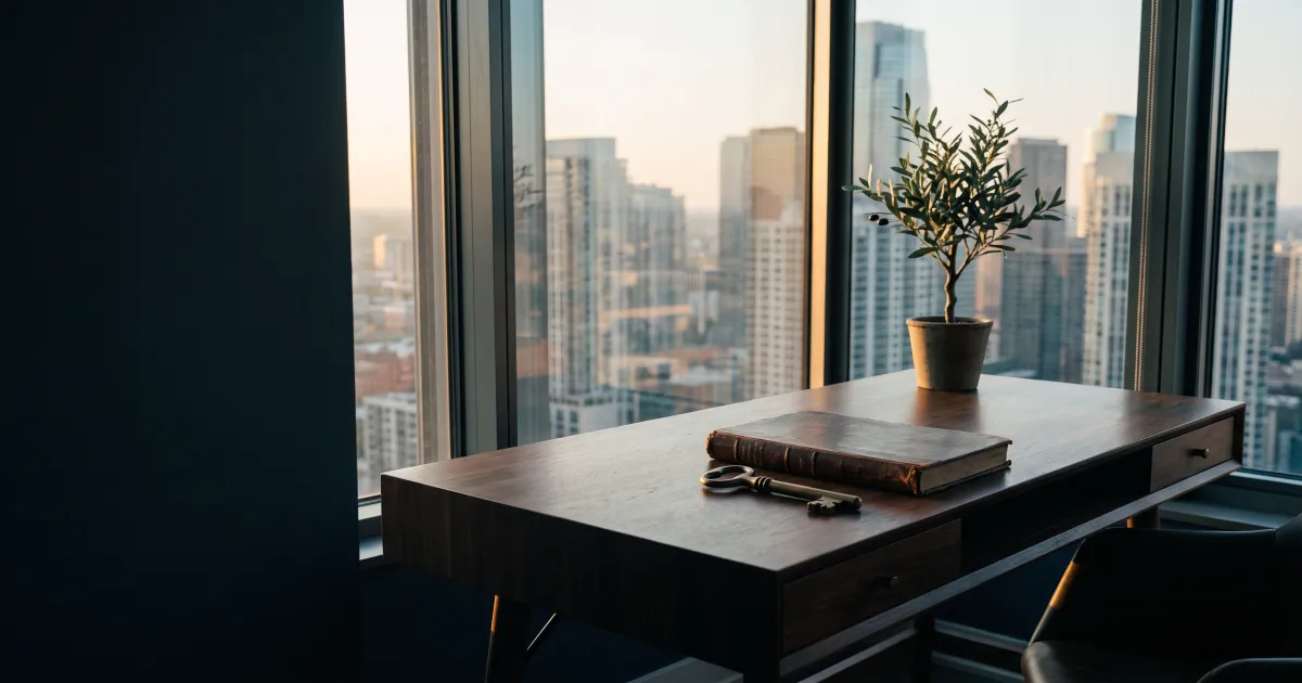 A closed leather ledger and a brass key on a walnut desk in a quiet study overlooking a city skyline at golden hour