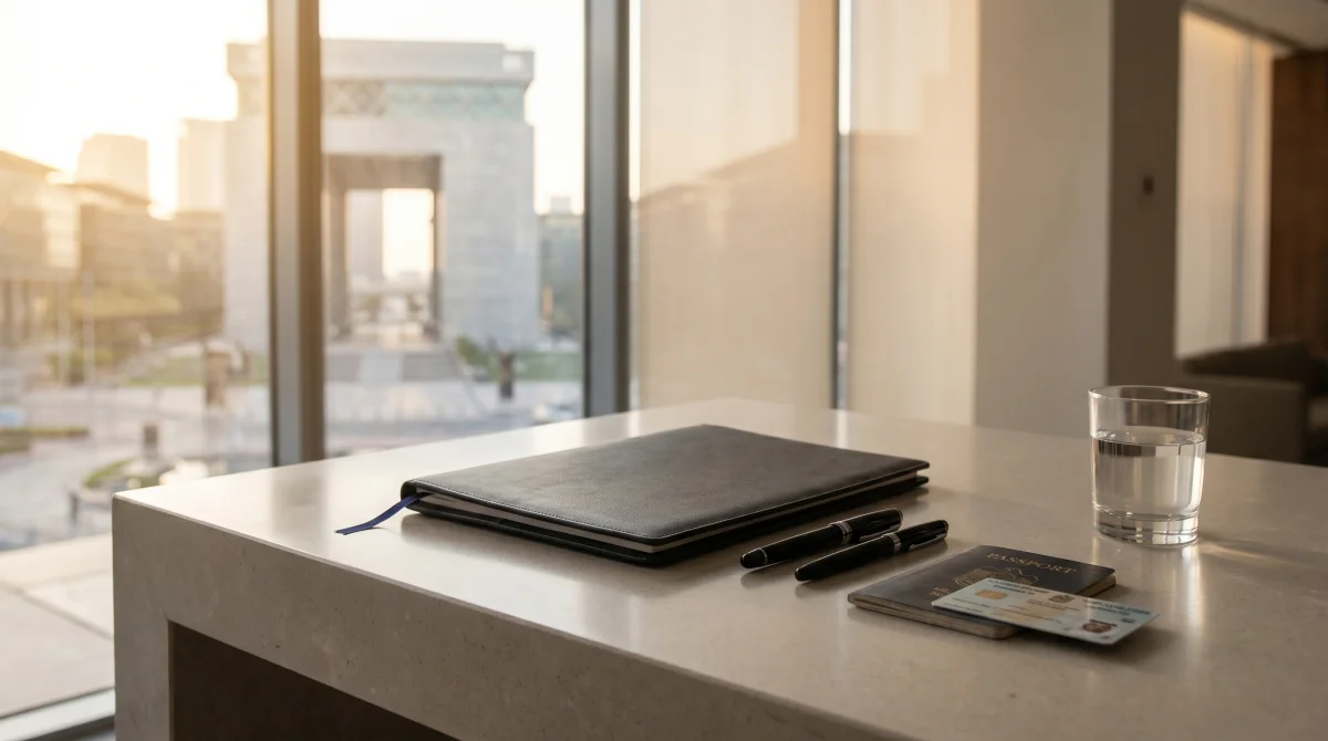 Editorial photograph of a DIFC will document and pen on a calm wooden desk with soft daylight, suggesting UAE estate planning for non-Muslims.