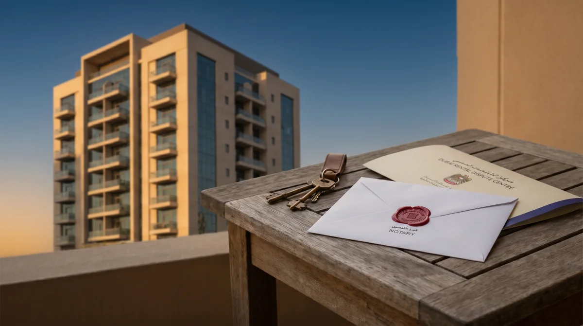 Editorial photograph of a Dubai apartment building exterior with keys and a sealed envelope on a desk, representing a notarised eviction notice