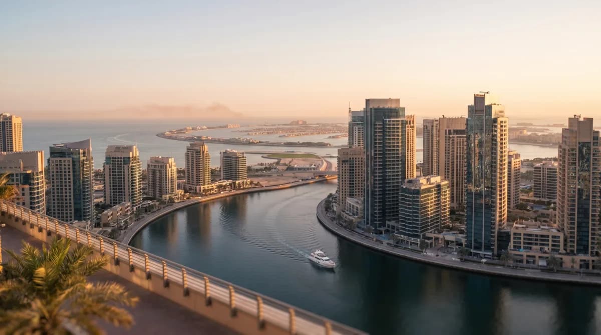 Aerial view of Dubai Marina skyline at golden hour symbolising long-term UAE residence