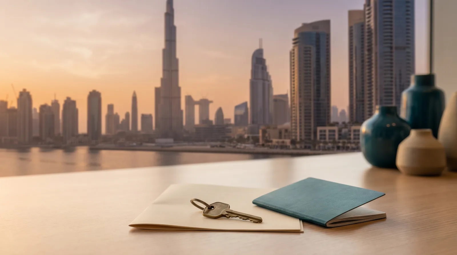 Dubai waterfront skyline at golden hour behind a clean table holding a brass house key on a folded property document and a blank passport, evoking a Dubai property residence visa.