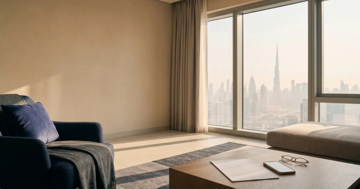 Editorial photograph of a calm Dubai apartment living room with a tenancy contract and a phone on the table near a window overlooking the skyline.