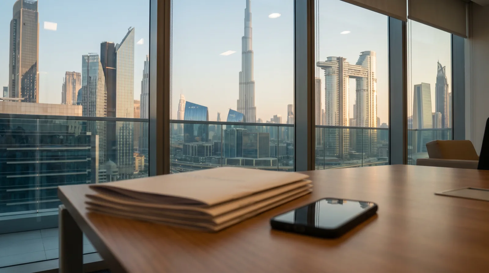 Dubai skyline at golden hour viewed through an office window with a property document and a smartphone on a desk in the foreground.