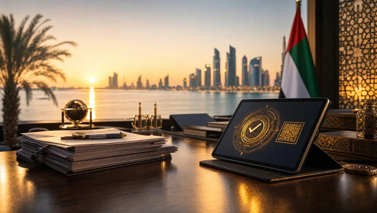 Commercial shipping documents and a tablet showing a digital verification seal on a UAE trade office desk at golden hour
