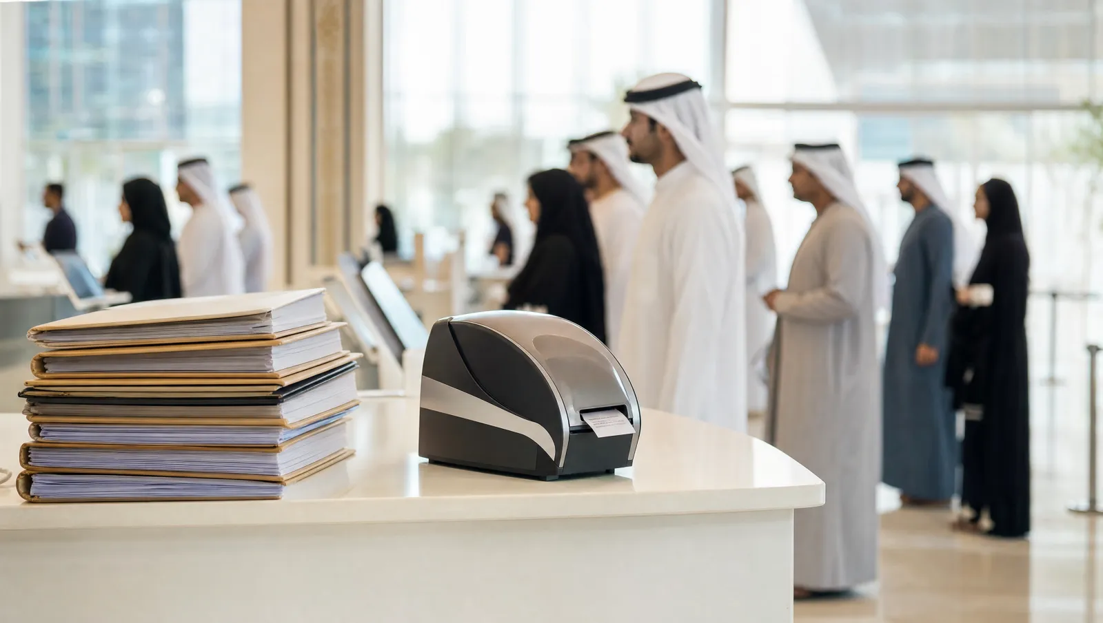 Document folders and a ticket dispenser on a service counter in a Dubai administrative centre