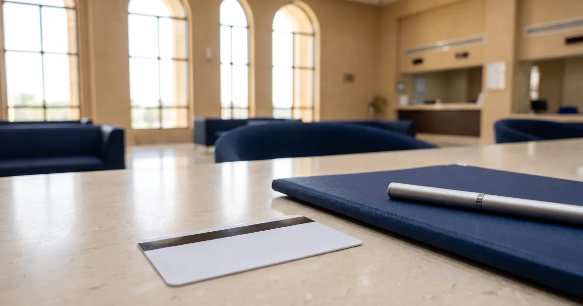 A blank identity card on a stone desk beside a navy document folder in a quiet, sunlit UAE government service hall