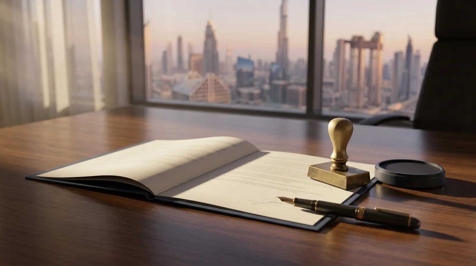 A signed UAE employment contract on a desk beside official stamps and a pen, representing lawful termination under federal labour law