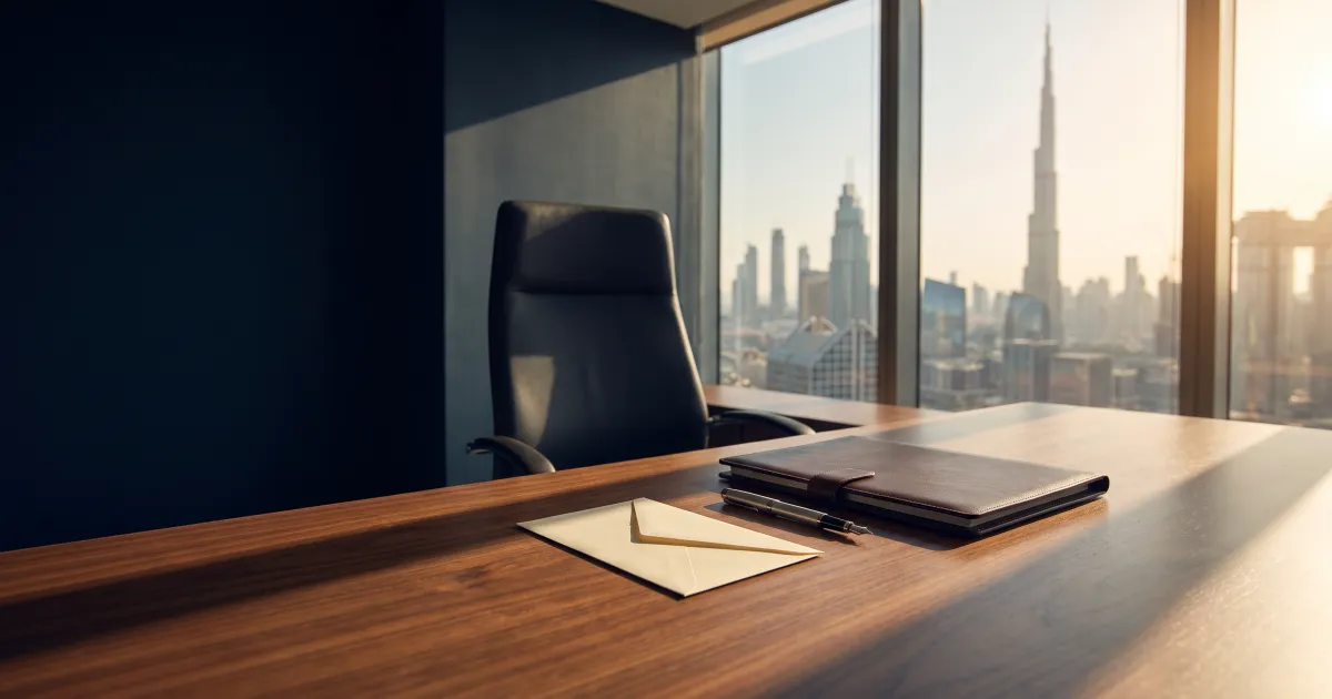 A sealed cream envelope and a closed leather folder on a walnut office desk in a softly lit Dubai office at golden hour