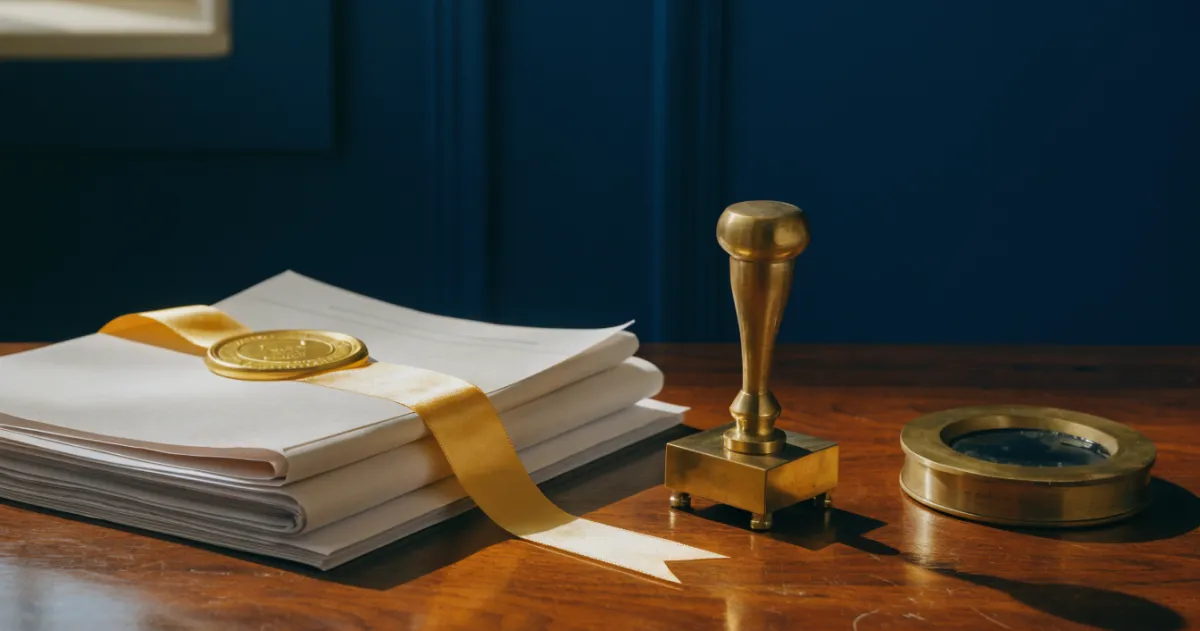 Certified documents with embossed gold seals and a brass stamp on a desk, representing UAE document attestation