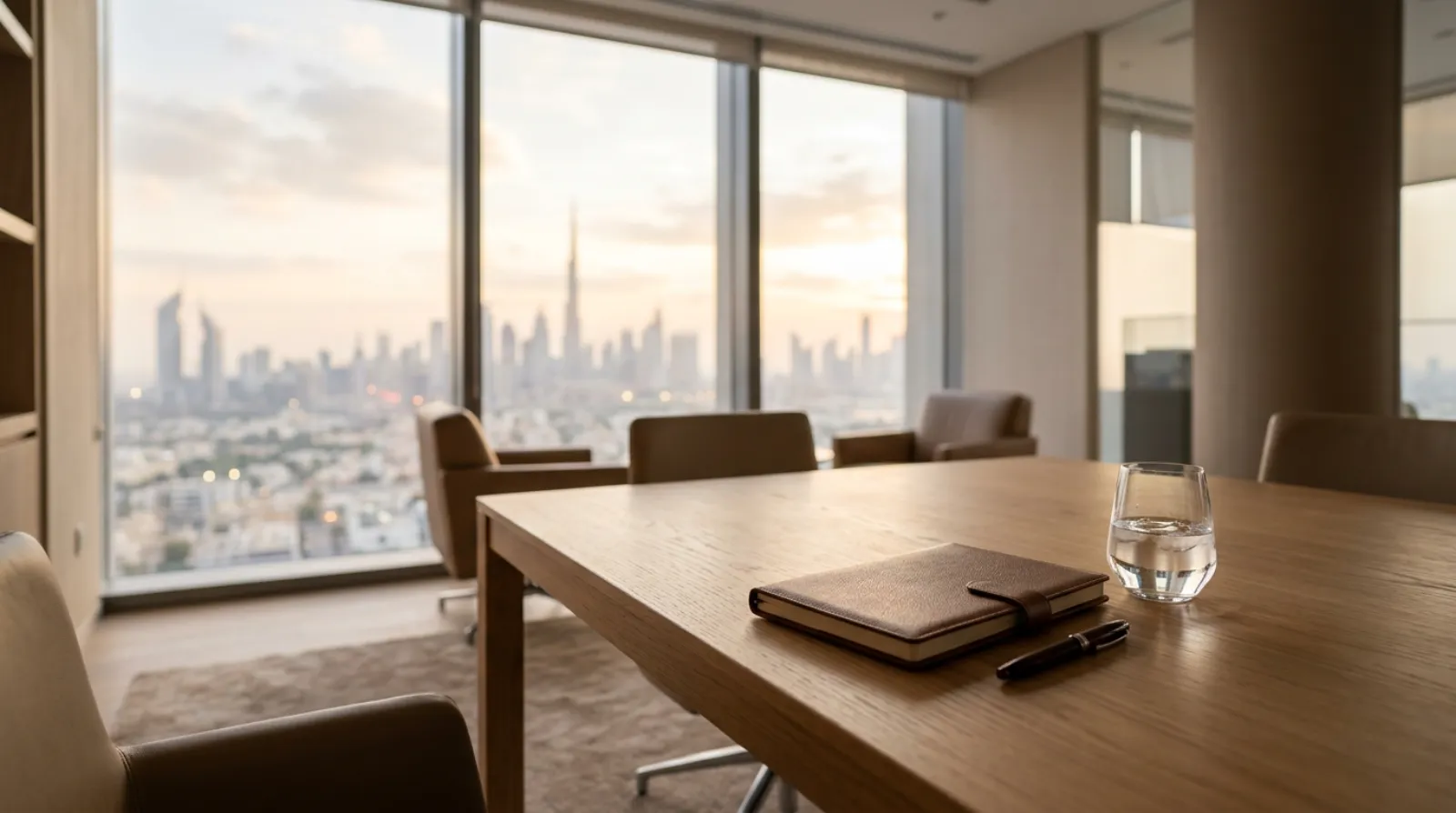 A calm, modern Dubai law office reception with soft natural light, an empty consultation table, and city skyline visible through the window