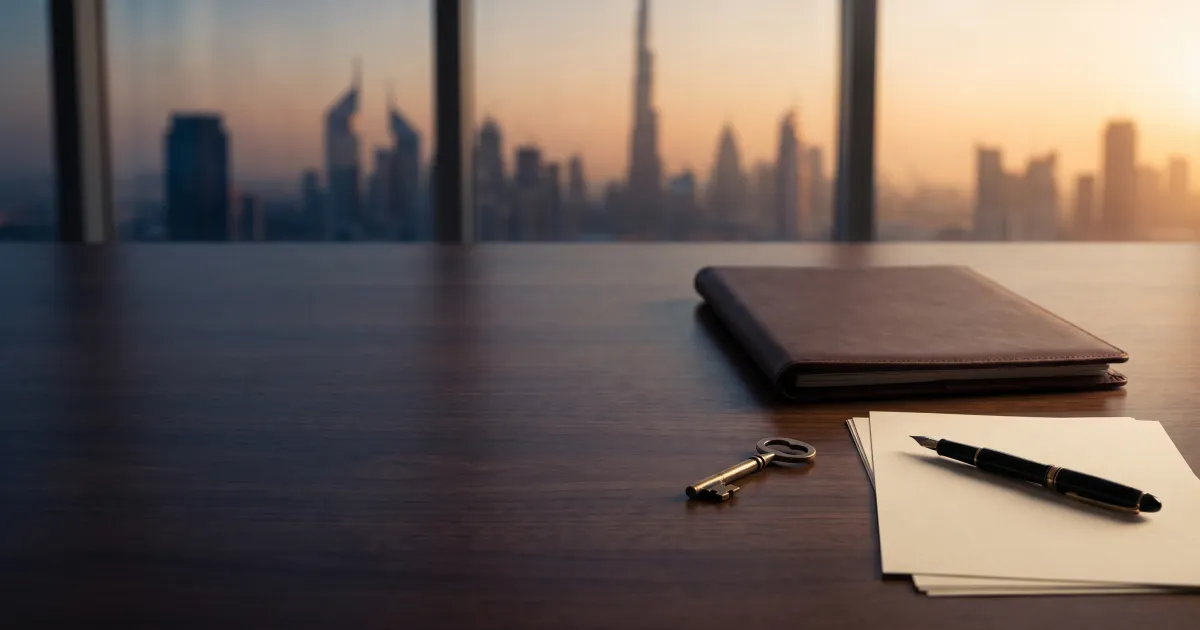 A closed leather document folder, a brass house key and a fountain pen on a wooden desk in a softly lit Dubai office