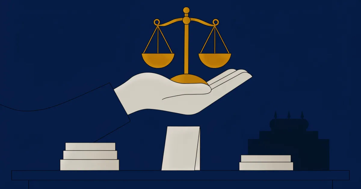 Golden scales of justice over a desk with legal documents symbolising free legal consultation channels in the UAE