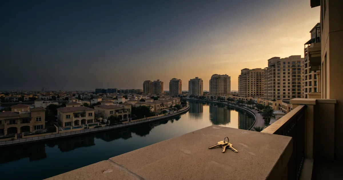 Brass house keys resting on a stone balcony ledge overlooking Dubai villas and apartment towers along a canal at dusk