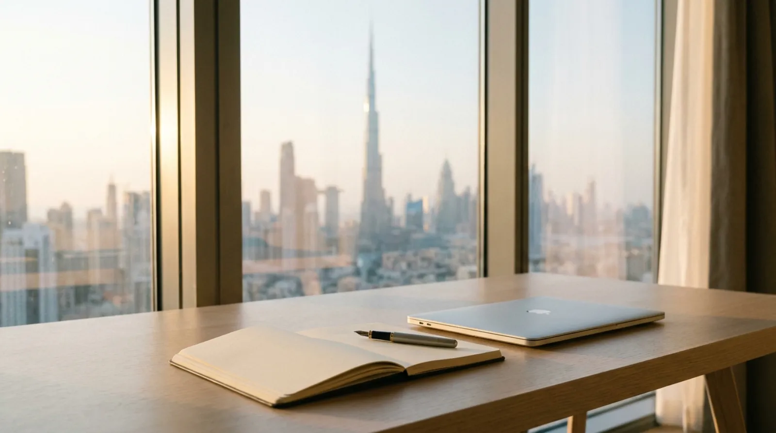 Modern Dubai skyline at dusk with an open notebook and pen on a nearby desk