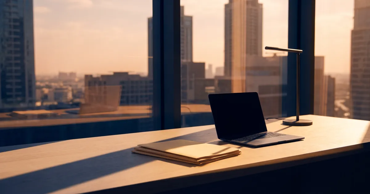 An empty home-office desk with a closed laptop and blank folders beside a window overlooking Dubai towers at golden hour