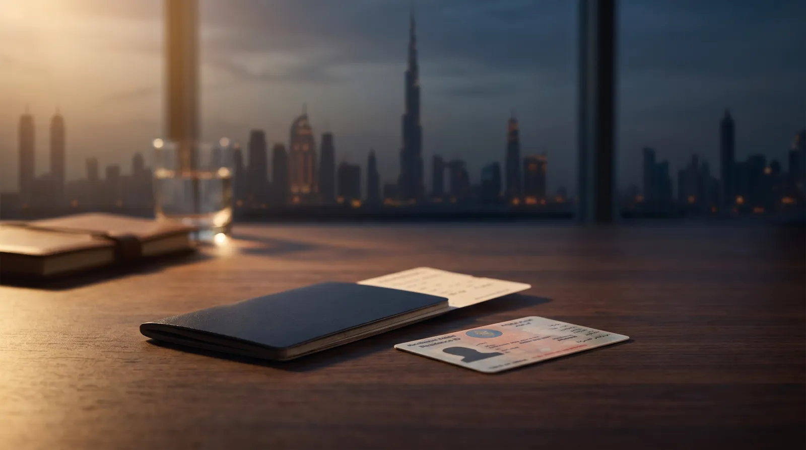 A UAE passport and residence visa page beside a boarding pass on a dark desk, with a Dubai skyline softly lit at dusk in the background