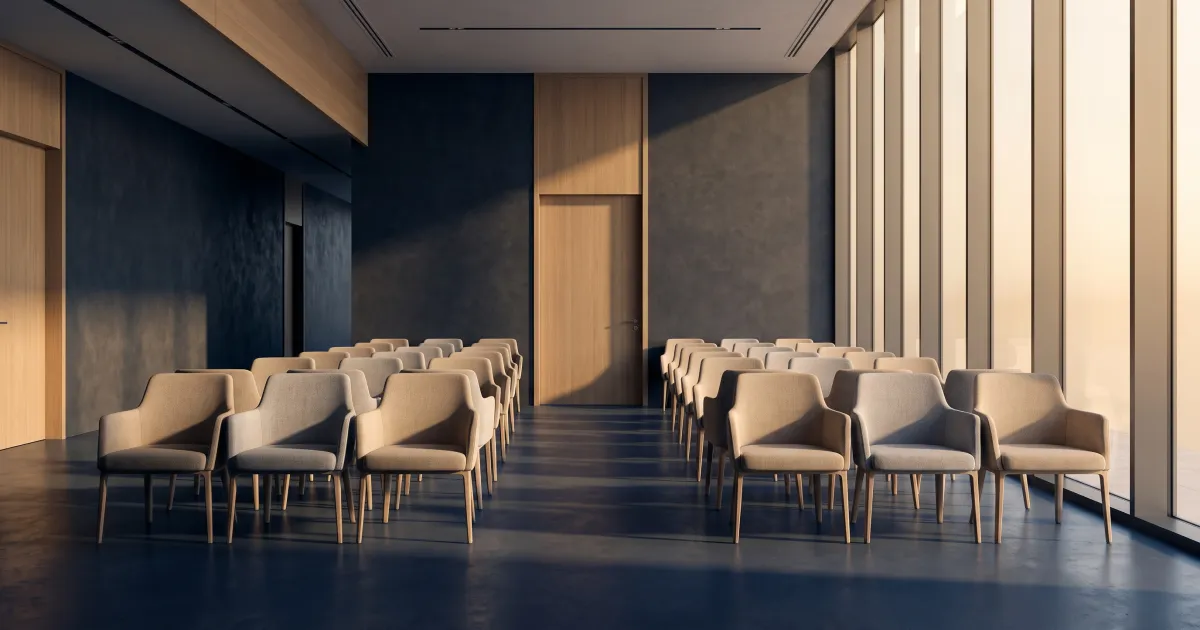 Empty modern waiting area of a UAE medical screening centre in soft early morning light, with rows of seats and a closed consultation door