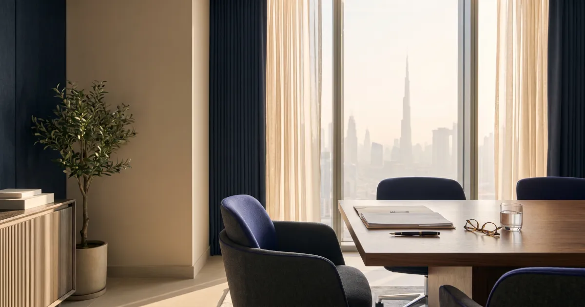 Editorial photo of a calm Dubai law office desk with a contract and pen in soft daylight, illustrating lawyer cost in Dubai