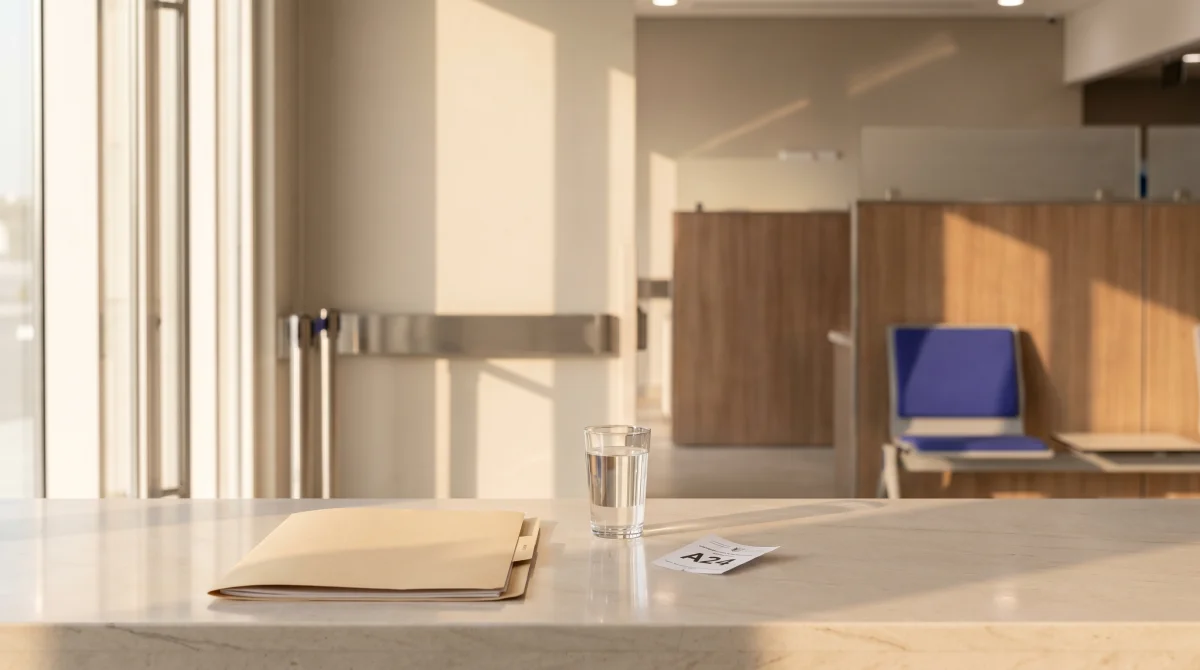 Editorial photograph of a calm UAE government service-centre reception desk with neutral indigo accents, representing the MOHRE labour complaint process.