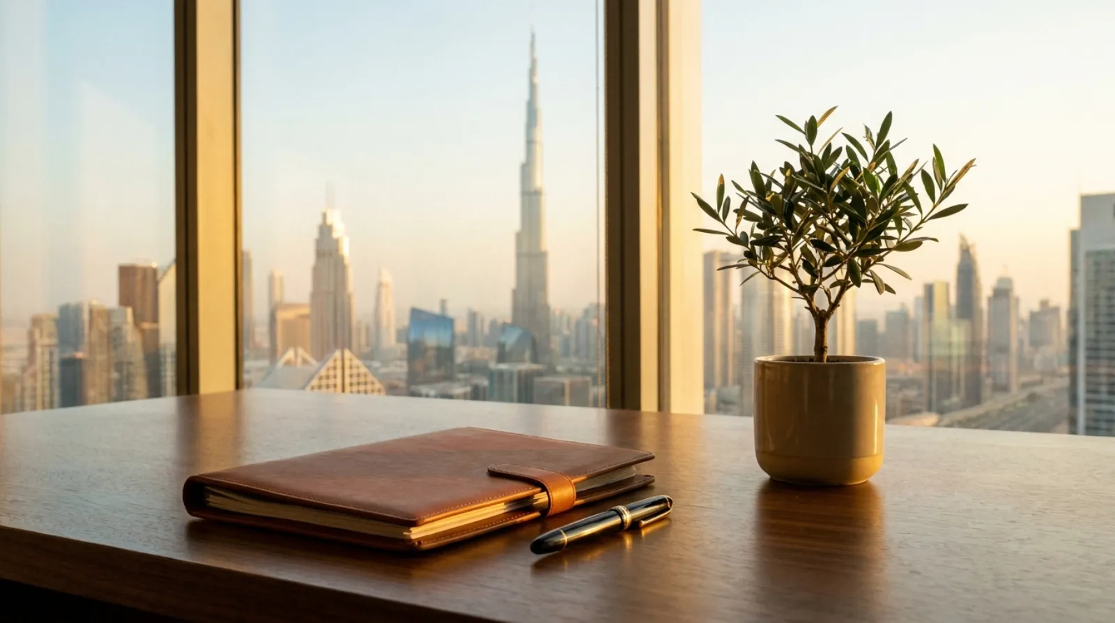 Modern Dubai skyline at dusk with law office towers, evoking an independent legal practice growing its client base.