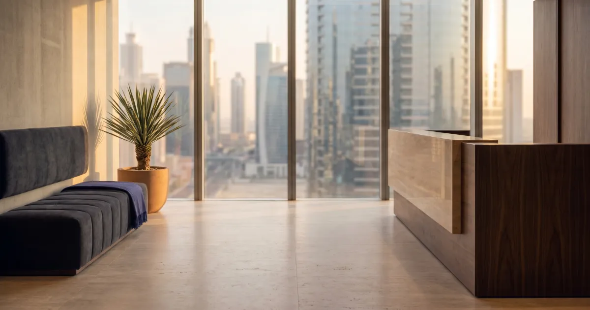 Editorial photo of a calm modern Dubai law office reception with warm daylight and neutral tones.