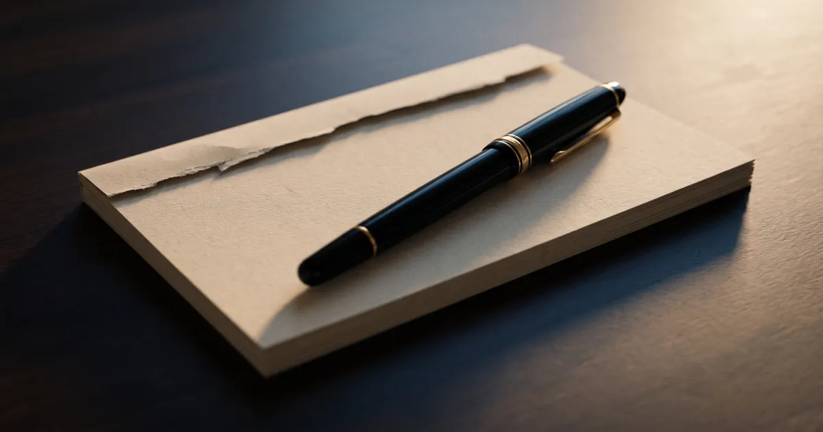 A blank landscape-format cheque book with a torn stub edge and a black fountain pen resting on a dark desk in warm light