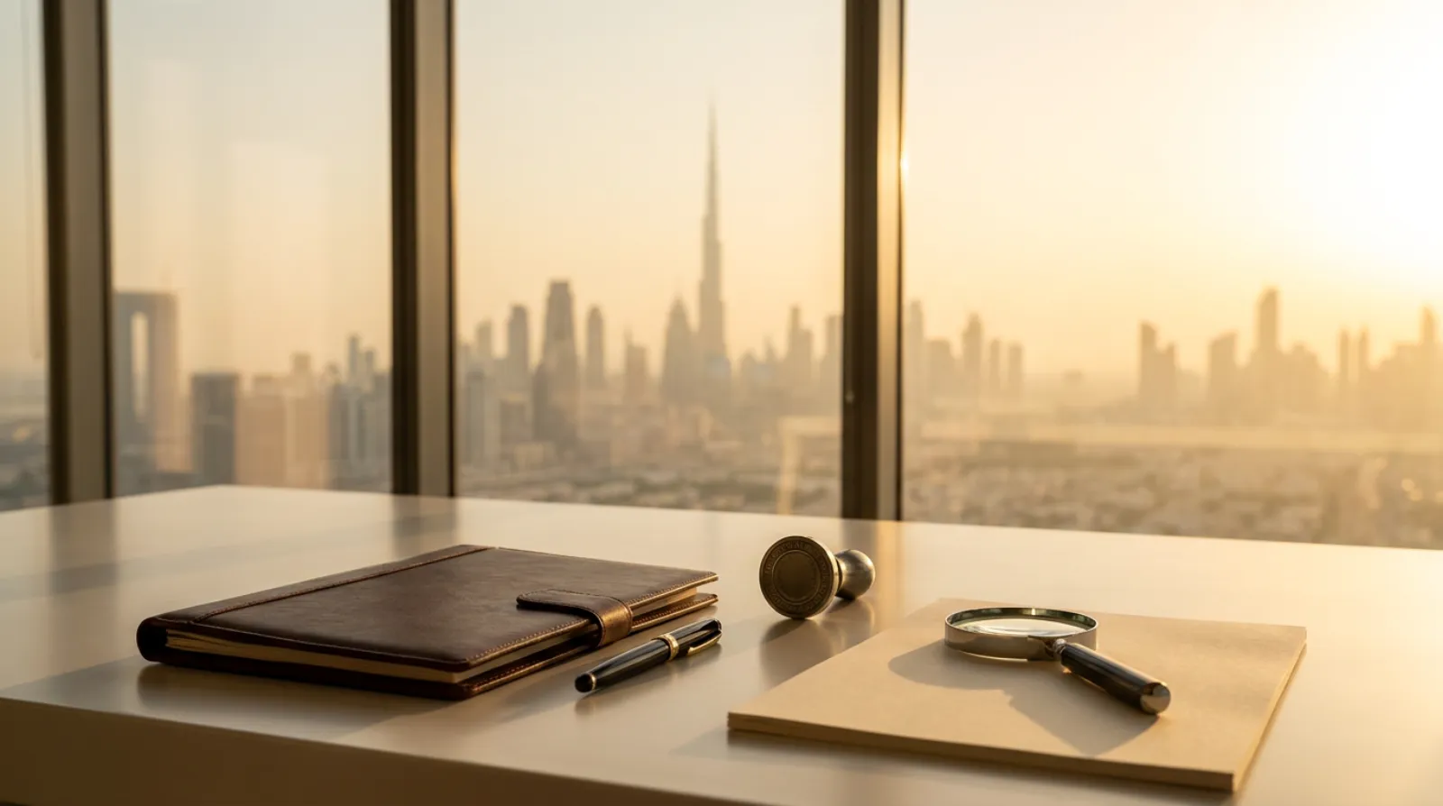 A modern Dubai skyline with a stylized brand-and-idea concept representing intellectual property protection