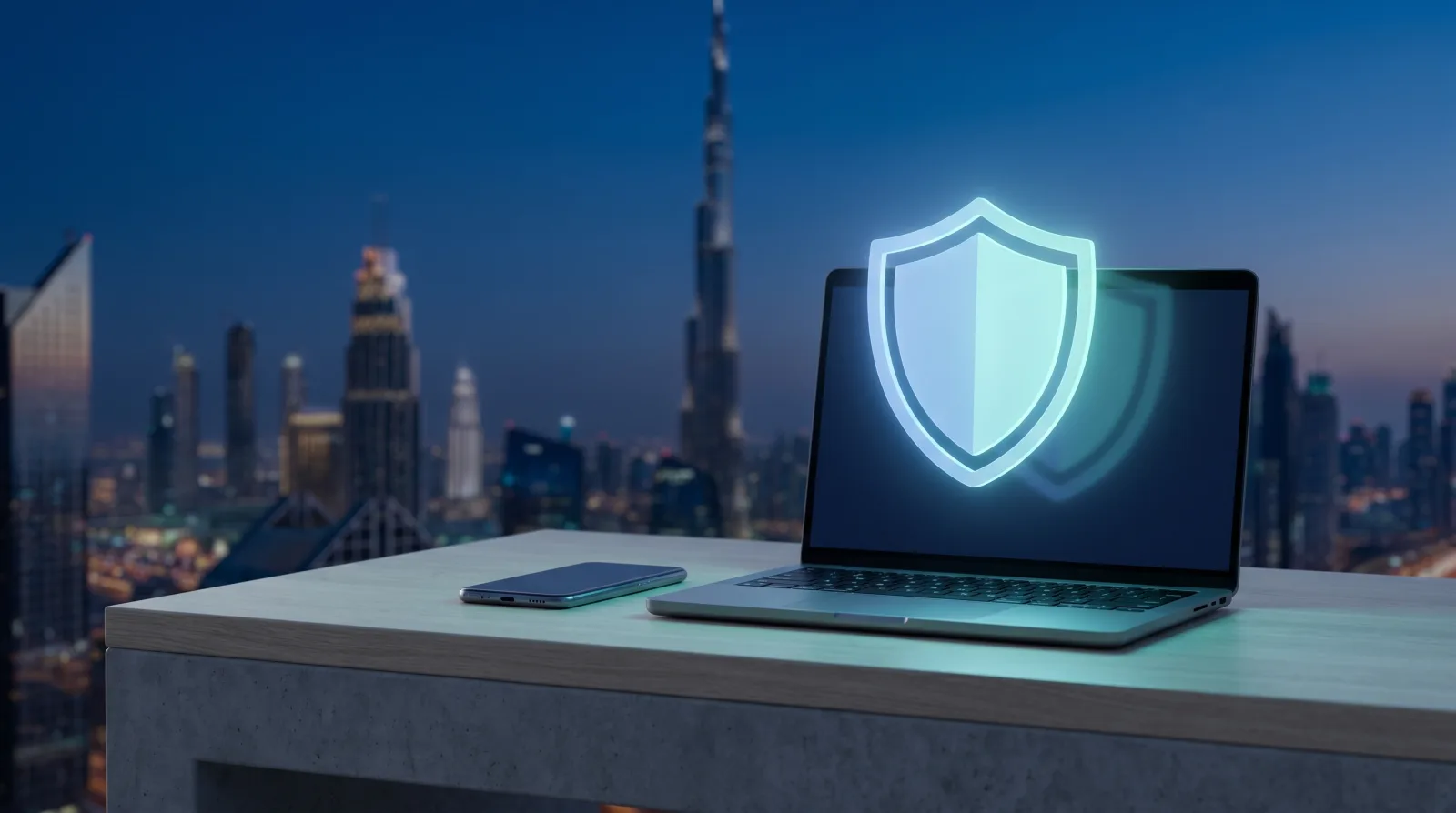 A smartphone and laptop on a desk with a glowing digital security shield, against a blurred Dubai skyline at dusk, illustrating lawful VPN use in the UAE.