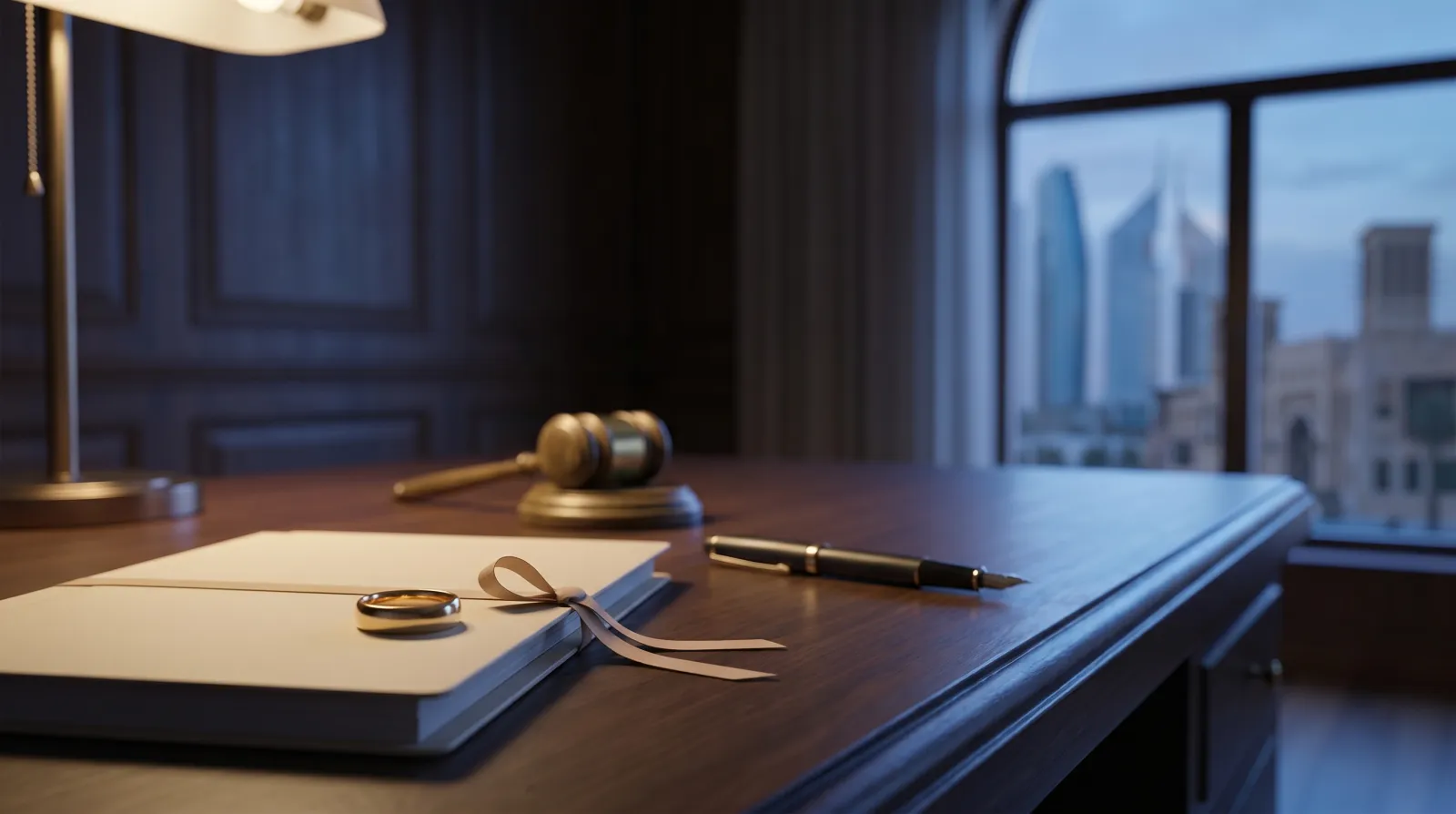 Calm UAE family court setting with a wedding ring resting on an official document beside a judicial gavel at dusk