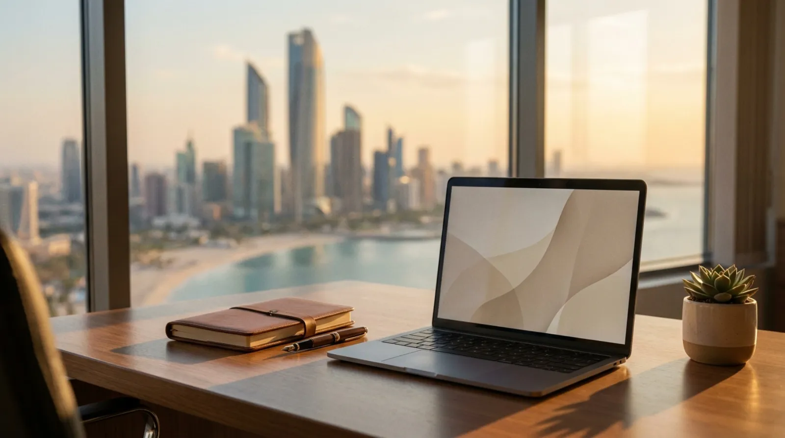 A UAE lawyer's desk with a laptop, notebook and pen beside a city skyline window, representing modern legal practice marketing.