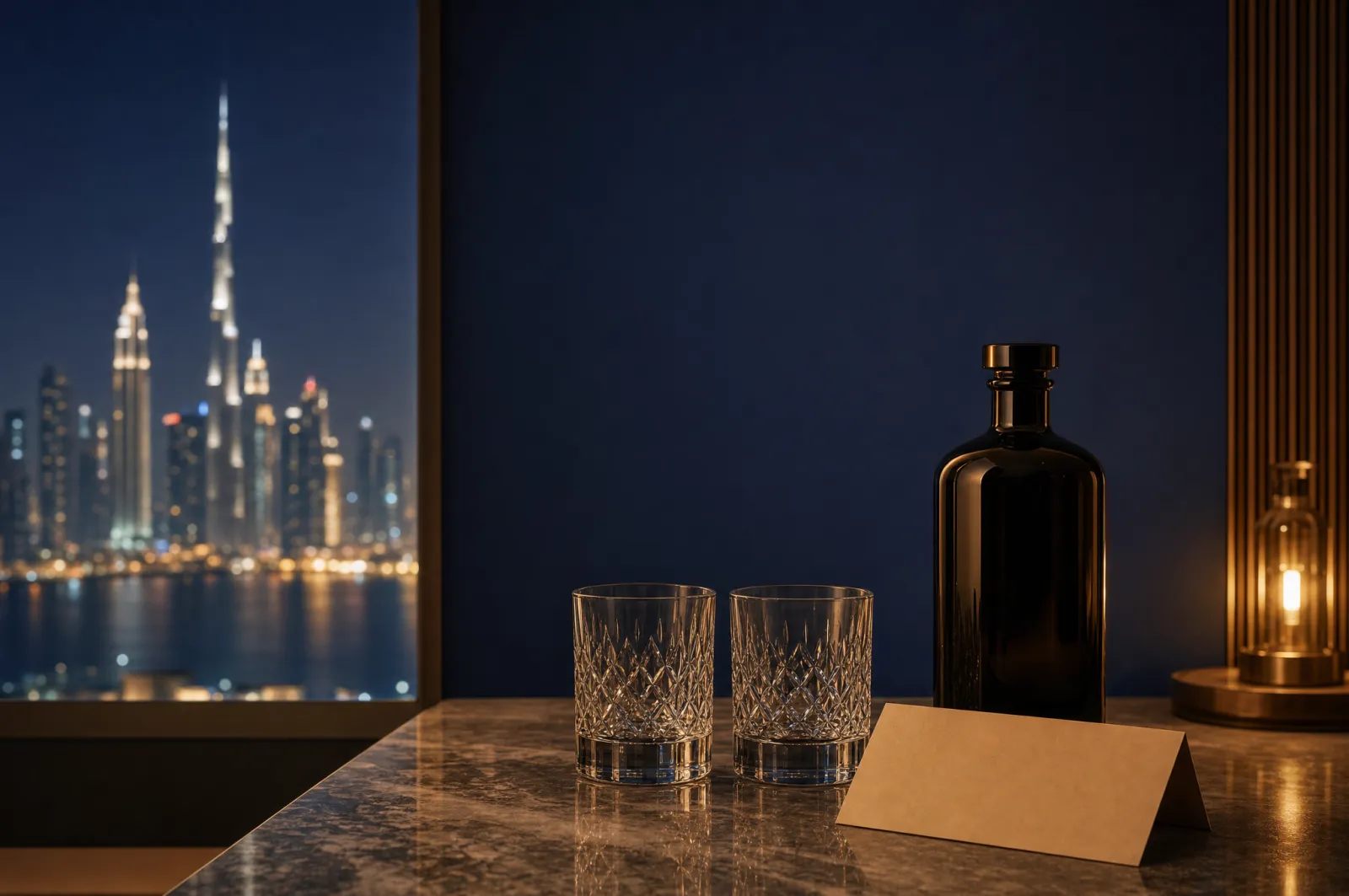 Closed dark bottle and empty glasses beside a paper permit card on a marble counter with Dubai skyline lights blurred behind